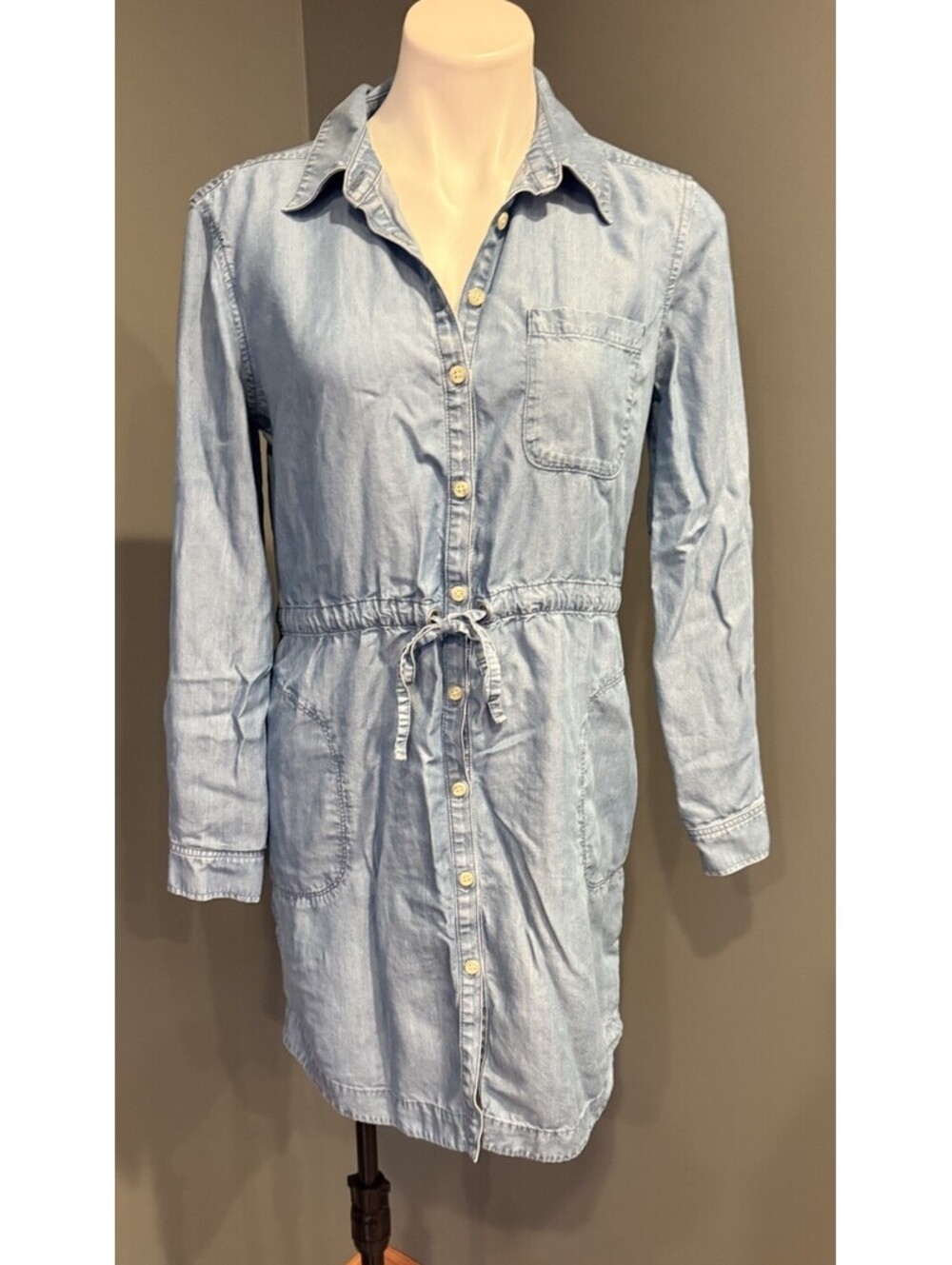 Athleta Stellar Lyocell Shirt Dress Sz S Light Blue Long Sleeve Button Up